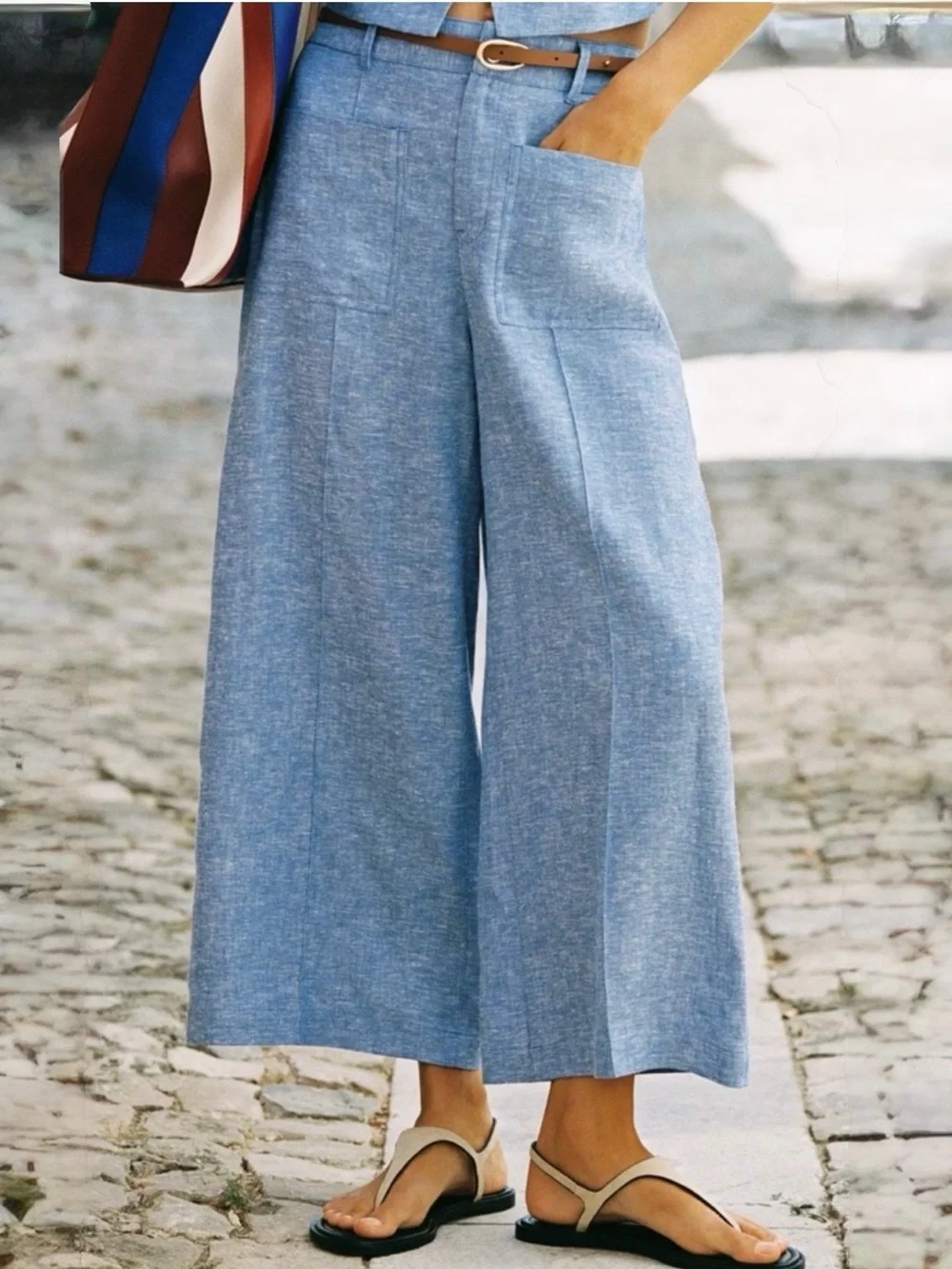 NWT Zara  Blue Linen Culottes Wide Leg Crop Pants Size M